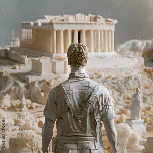 A man looking at a miniature Parthenon. photo