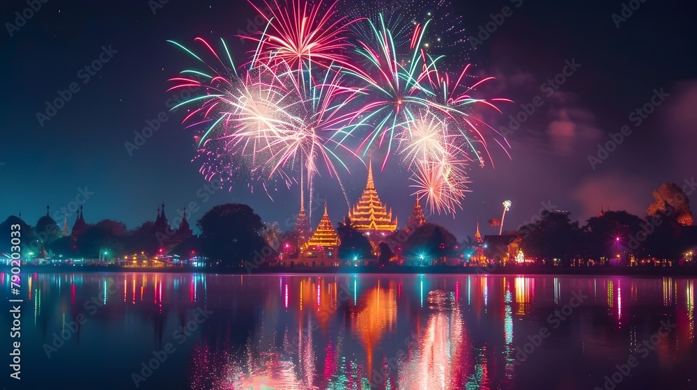 Fototapeta premium Vibrant Vesak Reflected in Serene Lake near Buddhist Temple