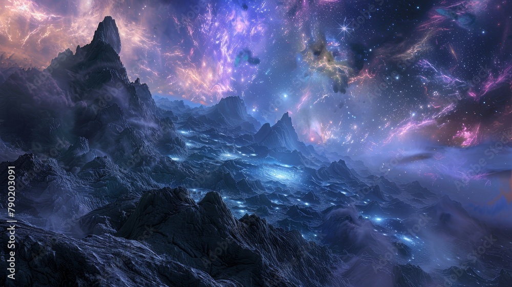 Astral Landscapes A fantasy landscape with snow-capped mountains, a winding river, and a sky filled with stars, galaxies, auroras, and fluffy clouds, creating a mesmerizing scene that stirs the imagin
