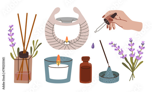 Set of home incense, lavender. Aromatherapy. Lavender flowers, herb, bunch, bouquet.