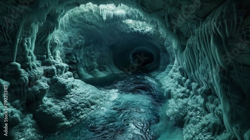 Subterranean River in an Icy Cave with Luminous Walls and Stalactites