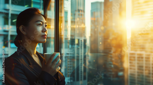 A businesswoman gazes intently through the window. With coffe mug in the hands. The background consists of a blurred cityscape with multiple skyscrapers. Copy space