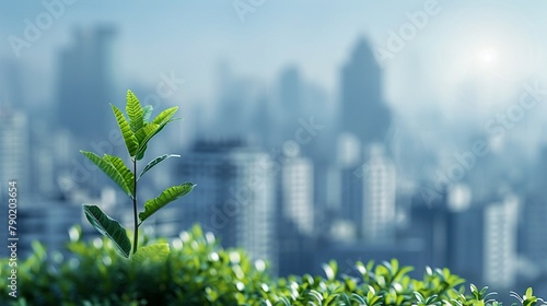 Fresh sapling in the foreground with a diffuse cityscape behind emphasizing environmental focus within the corporate world photo
