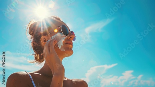 The process of sunscreen application, the lotions sheen on skin under the bright sun