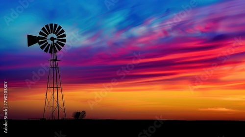 A windmill is standing in a field with a beautiful sunset in the background