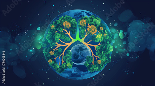 An image of the Earth depicted with trees as lungs  illustrating the vital role of forests in maintaining planetary health.   flat illustration
