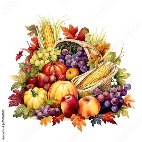 Bright watercolor cornucopia overflowing with fruits and vegetables  vibrant harvest symbol  Thanksgiving abundance on white