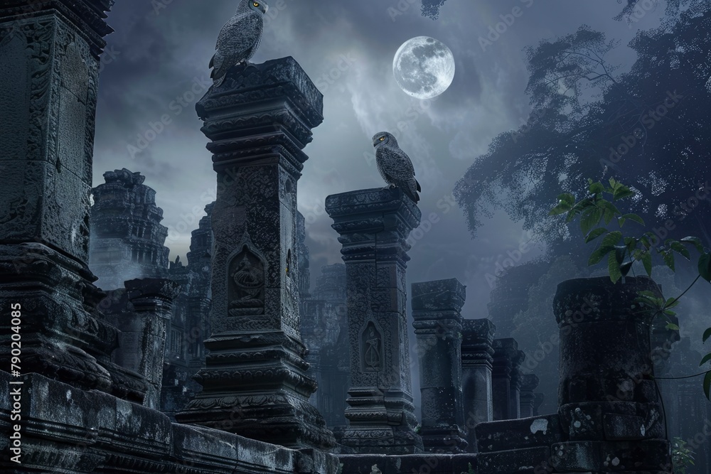 A dark, eerie scene with two owls perched on stone pillars A dark, eerie scene with two owls perched on stone pillars