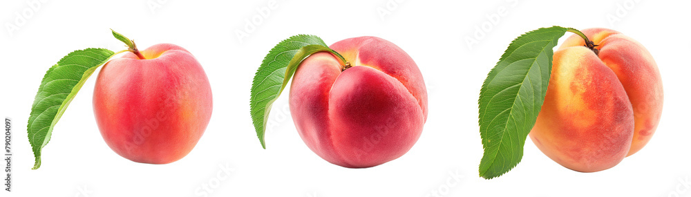 Set of realistic ripe peaches with leaf separately isolated on transparent or white background Set of realistic ripe peaches with leaf separately isolated on transparent or white background