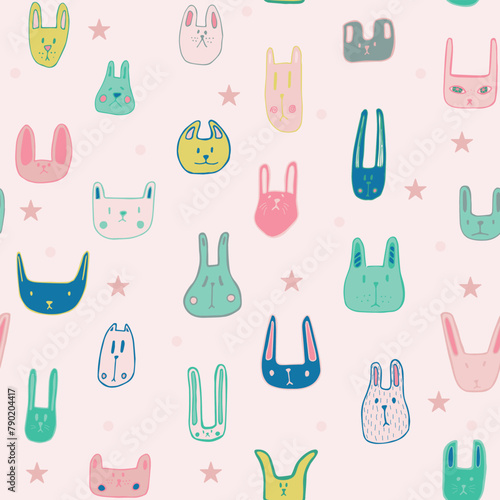 Color cute muzzles of cats, mice, rabbits. Seamless pattern with little animals. Cute baby pattern with fluffies. Vector illustration.