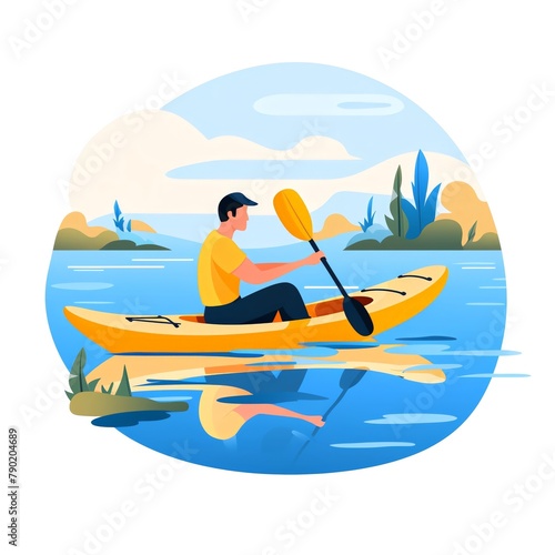 Minimalist UI illustration of Kayaking in a flat illustration style on a white background with bright Color scheme, dribbble, flat vector, up32K HD ©  Green Creator