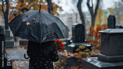 woman in black standing at the grave holding an umbrella  Young woman holding a black umbrella mourning at the cemetery