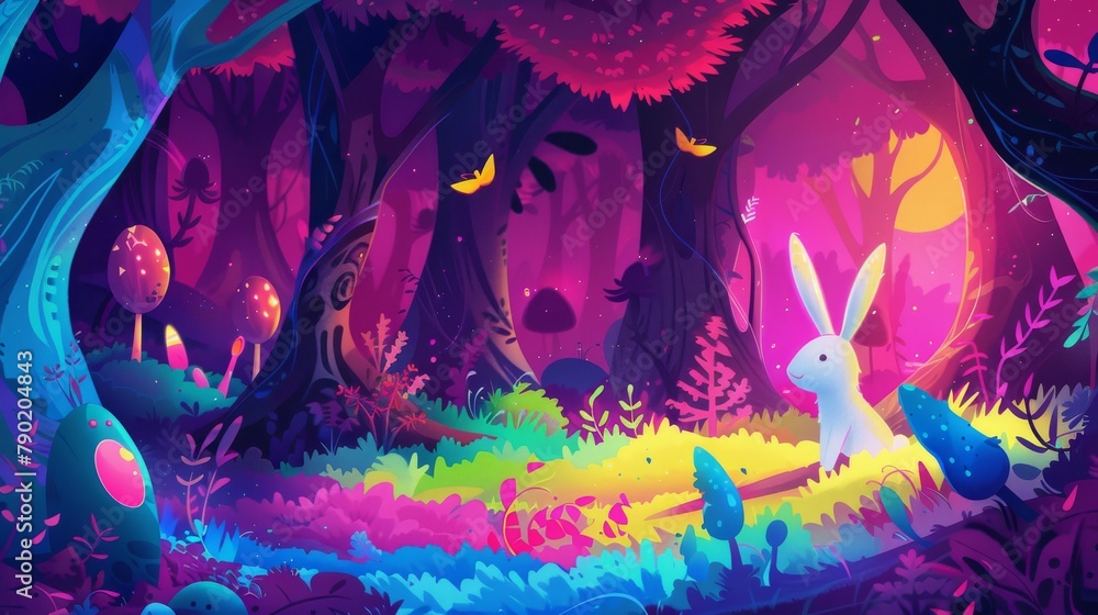 Enchanted rabbit exploring a magical forest with vivid colors and mystical mushrooms at dawn Enchanted rabbit exploring a magical forest with vivid colors and mystical mushrooms at dawn