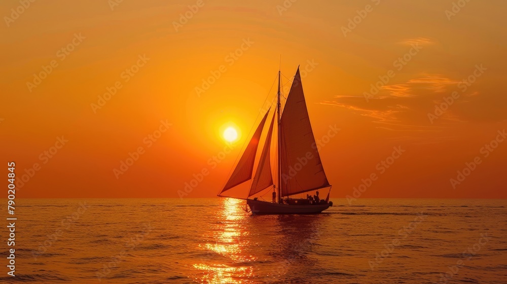 A sunset cruise with a silhouette of a sail against the orange sky