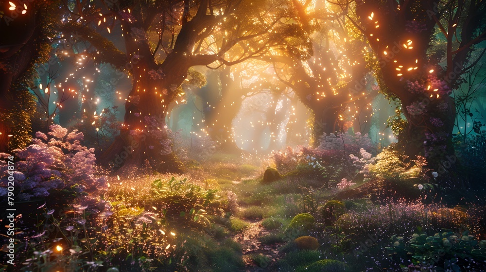 Obraz premium Enchanting Woodland Landscape of Whimsical Fantasy Immersed in Ethereal Radiance
