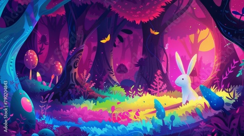 Enchanted rabbit exploring a magical forest with vivid colors and mystical mushrooms at dawn