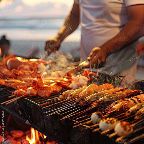 Fresh seafood being grilled at a beachside barbecue