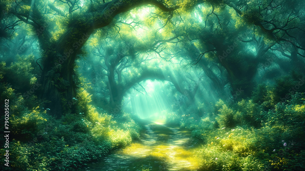 Fototapeta premium Fantastic forest with giant trees, atmospheric and fairy-tale landscape.