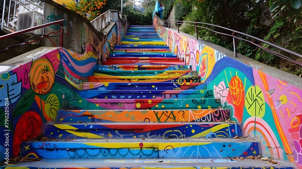 Vibrant and Colorful Outdoor Stairway Adorned with Inspiring Street Art Murals Transforming Public Spaces