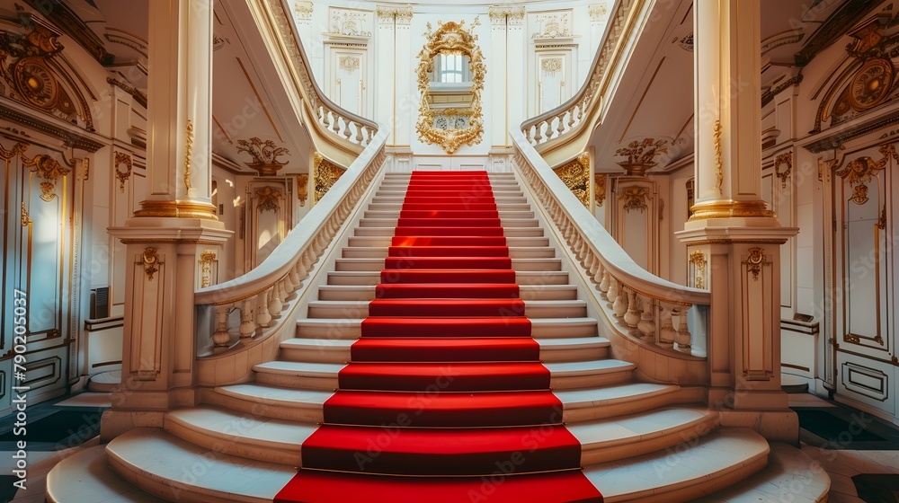 Fototapeta premium Luxurious Grand Staircase in an Opulent Classic Mansion with Ornate Decor and a Red Carpet