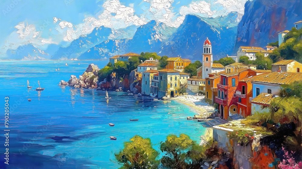 Oil painting of a small town on the Mediterranean Sea, mountains in the background, beautiful summer weather. - obrazy, fototapety, plakaty 
