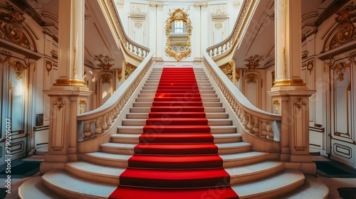Luxurious Grand Staircase in an Opulent Classic Mansion with Ornate Decor and a Red Carpet