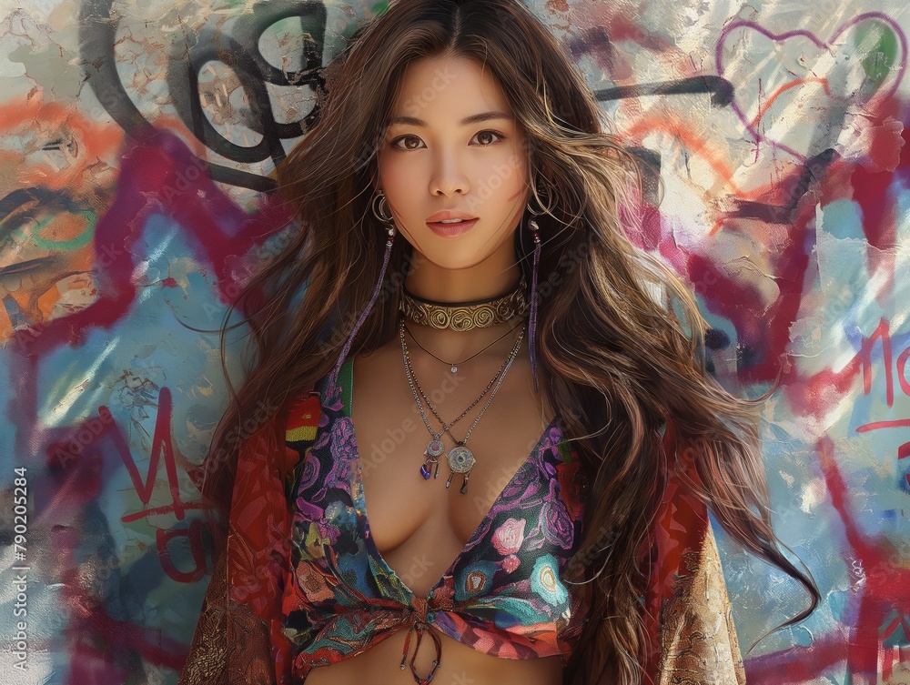A woman wearing a colorful outfit and a necklace stands in front of a graffiti wall. Concept of freedom and self-expression, as the woman's outfit and accessories reflect her unique style