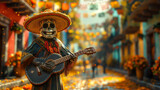 Stylized digital realism art of a skeleton mariachi with a guitar