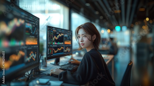 business woman working on a large computer screen ,analyzing financial data 