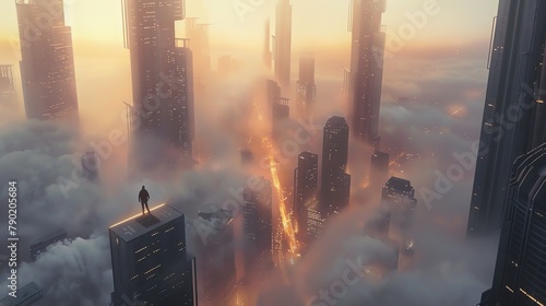 Illustrate a futuristic cityscape with towering skyscrapers engulfed in smog, showcasing a figure standing on the edge of a building, overwhelmed by the bustling metropolis below, in digital photoreal photo