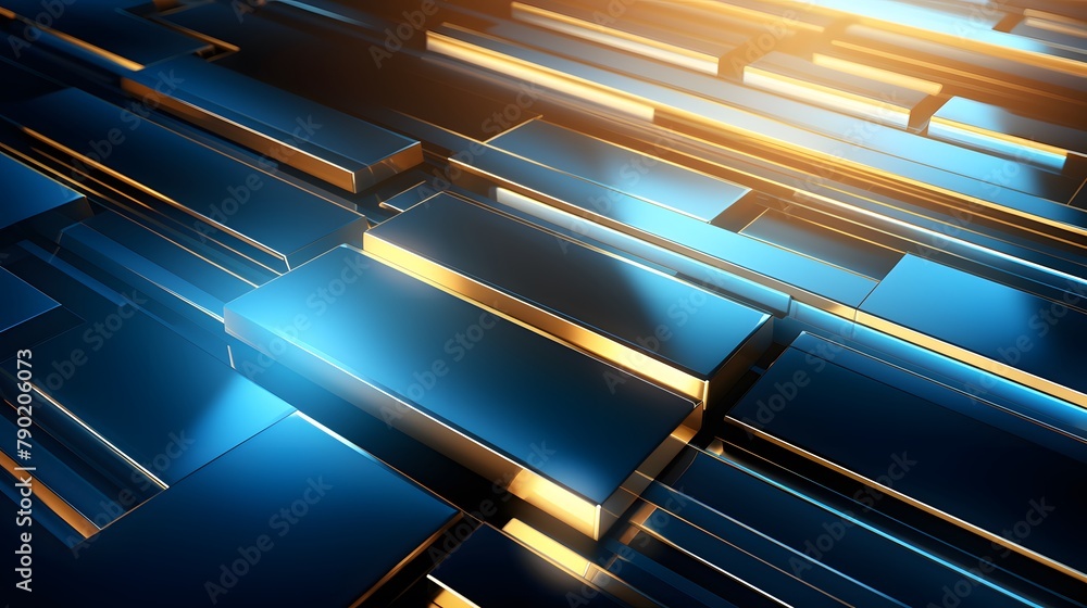 Obraz premium 3d rendering of gold and blue abstract geometric background. Scene for advertising, technology, showcase, banner, game, sport, cosmetic, business, metaverse. Sci-Fi Illustration. Product display
