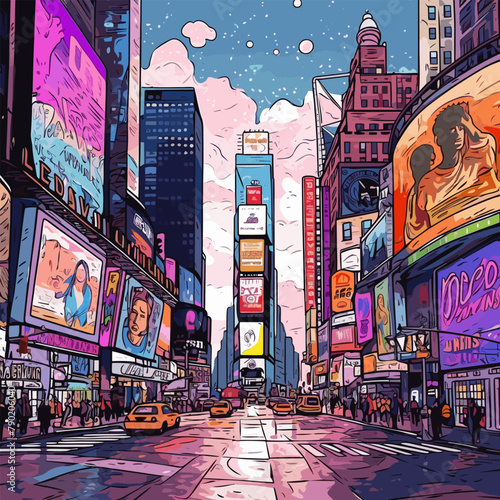 Times Square. Times Square hand-drawn comic illustration. Vector doodle style cartoon illustration