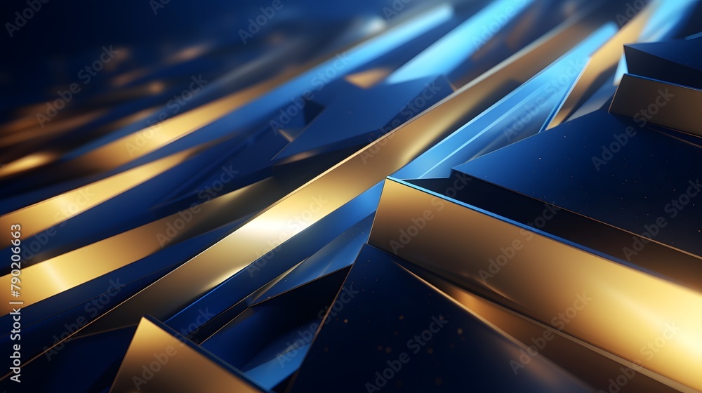 Naklejka premium 3d rendering of gold and blue abstract geometric background. Scene for advertising, technology, showcase, banner, game, sport, cosmetic, business, metaverse. Sci-Fi Illustration. Product display