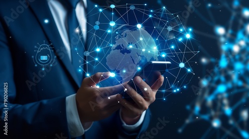Digital technology and global network concepts with a businessman holding a smartphone showing digital marketing icons on a virtual screen background. Digitalization of business using modern technolog