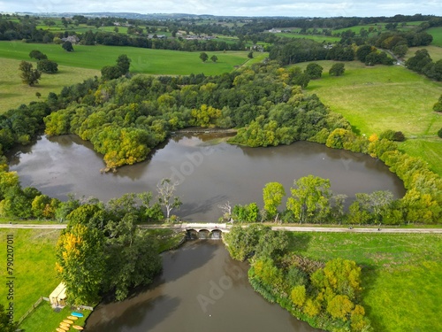 Ripley castle estate bridge and lake, drone footage, North Yorkshire, England, UK