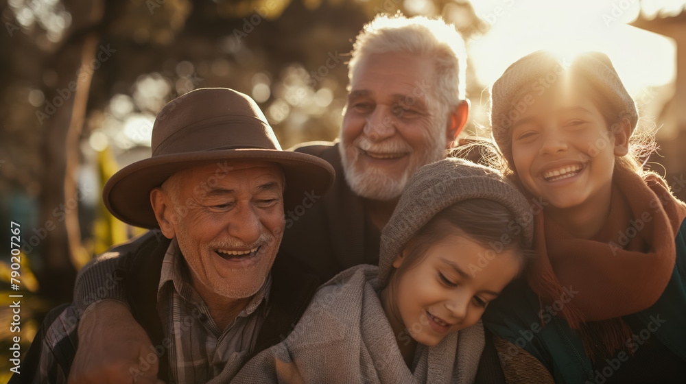 Multi-generational family shares a warm embrace, laughing joyfully during the golden hour, surrounded by an aura of happiness. Multi-generational family shares a warm embrace, laughing joyfully during the golden hour, surrounded by an aura of happiness.