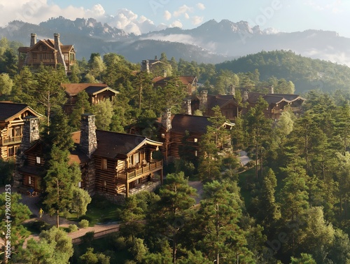A mountain village with many houses and a forest in the background. The houses are made of wood and have a rustic feel. The forest is lush and green