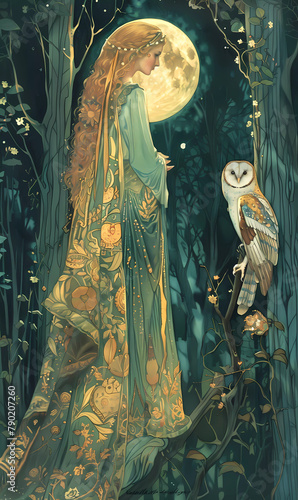 Tarot Card,The High Priestess in a moon background with an owl.vector illustration.