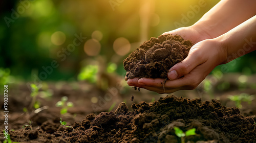 Hand cradling rich, fertile soil against a blurred green background, symbolizing growth and nurturing.
