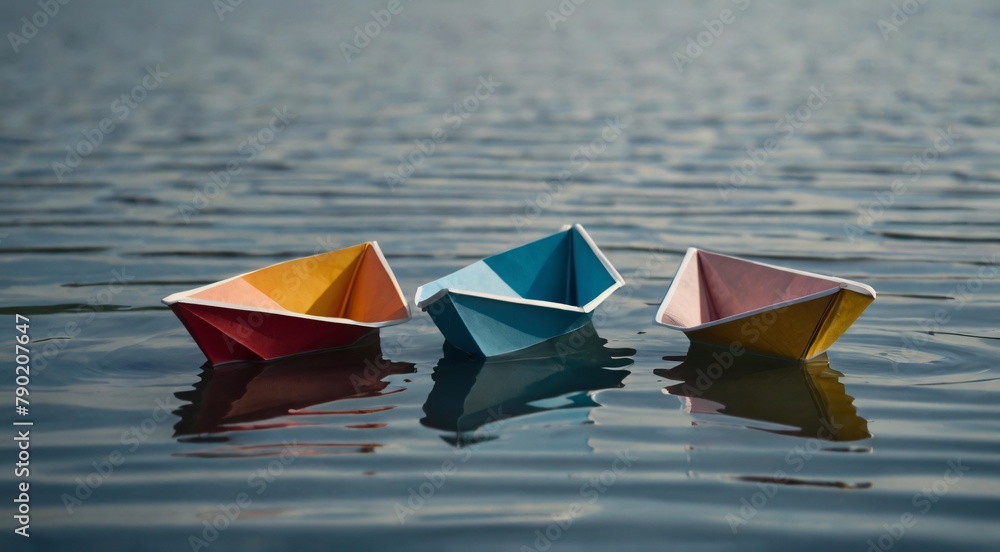  Four paper boats lined up in a row on a calm body of water.