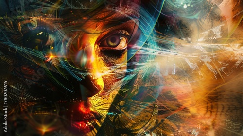 This is a visually striking and colorful artistic rendering that captures a close-up of a womans face. The art style overlays vibrant hues and dynamic light patterns that give the artwork a sense