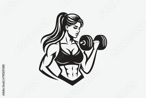 Fitness girl vector silhouette logo with girl lifting a dumbbell, muscle girl