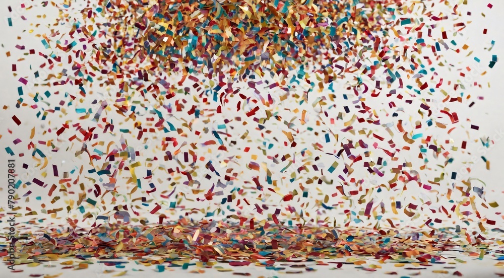 Colorful confetti scattered on white background. Celebratory and vibrant.
