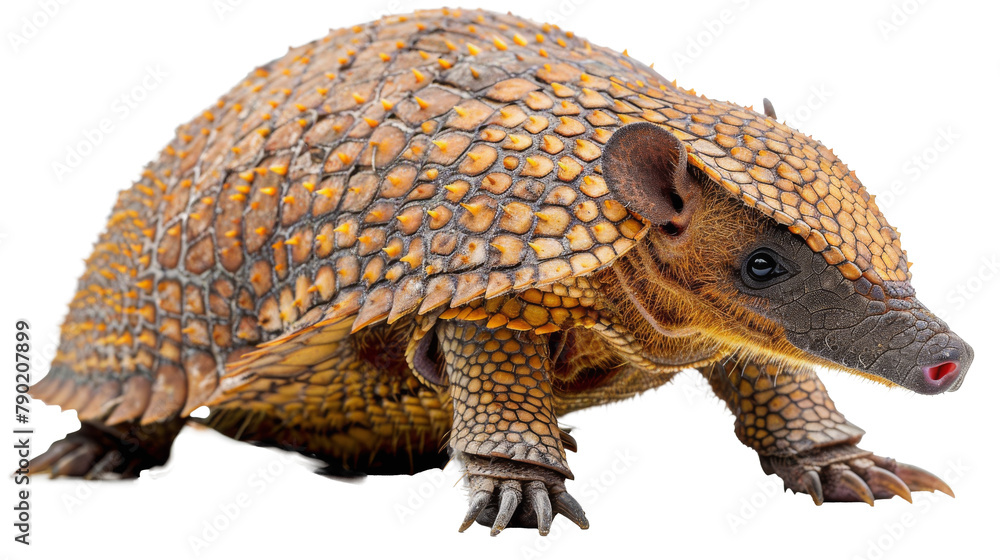 Fototapeta premium Yellow-brown armadillo with textured scales looking to the side on a white background; visible claws and snout.