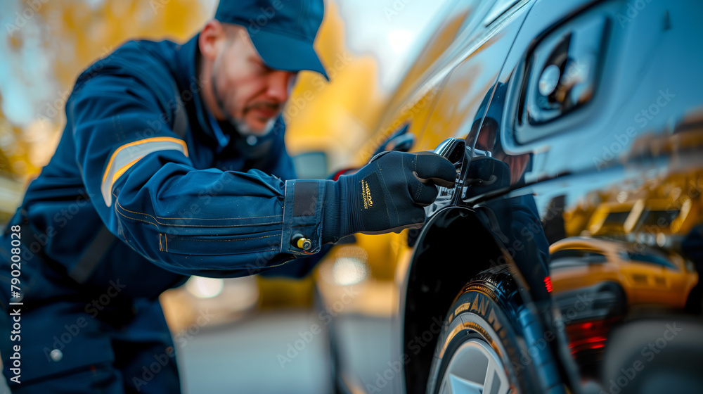 Focused Locksmith in Blue Uniform Repairing Car Lock, Precision and Expertise Focused Locksmith in Blue Uniform Repairing Car Lock, Precision and Expertise