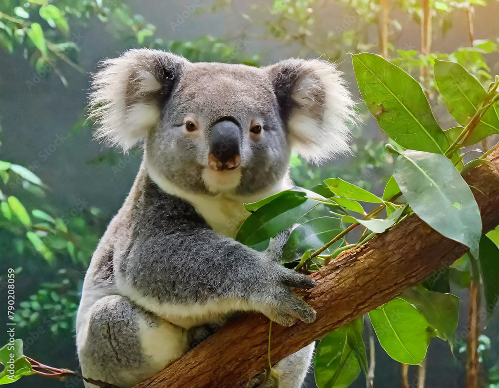Fototapeta premium Koala Bear Sit On The Branch of the tree and eat leaves
