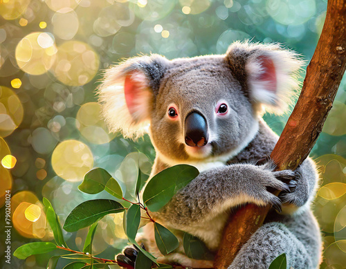 Koala Bear Sit On The Branch of the tree and eat leaves photo