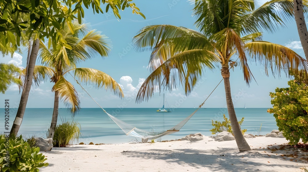 Fototapeta premium Tranquil Tropical Beach Scene with Swaying Palm Trees,Hammock,and Distant Sailboat on the Horizon