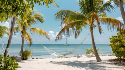 Tranquil Tropical Beach Scene with Swaying Palm Trees Hammock and Distant Sailboat on the Horizon
