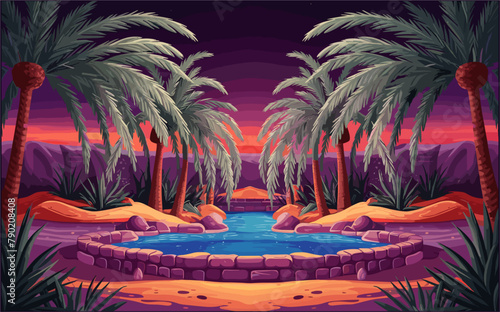 Desert oasis at twilight, serene sunset, palm trees, refreshing water source, wallpaper, nature background, banner. Vector colorful illustration in purple color palette.